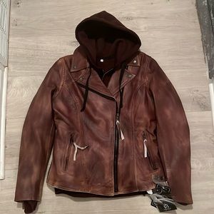 NWT STS Leather Moto Jacket with removable hoodie.  Runs small.
